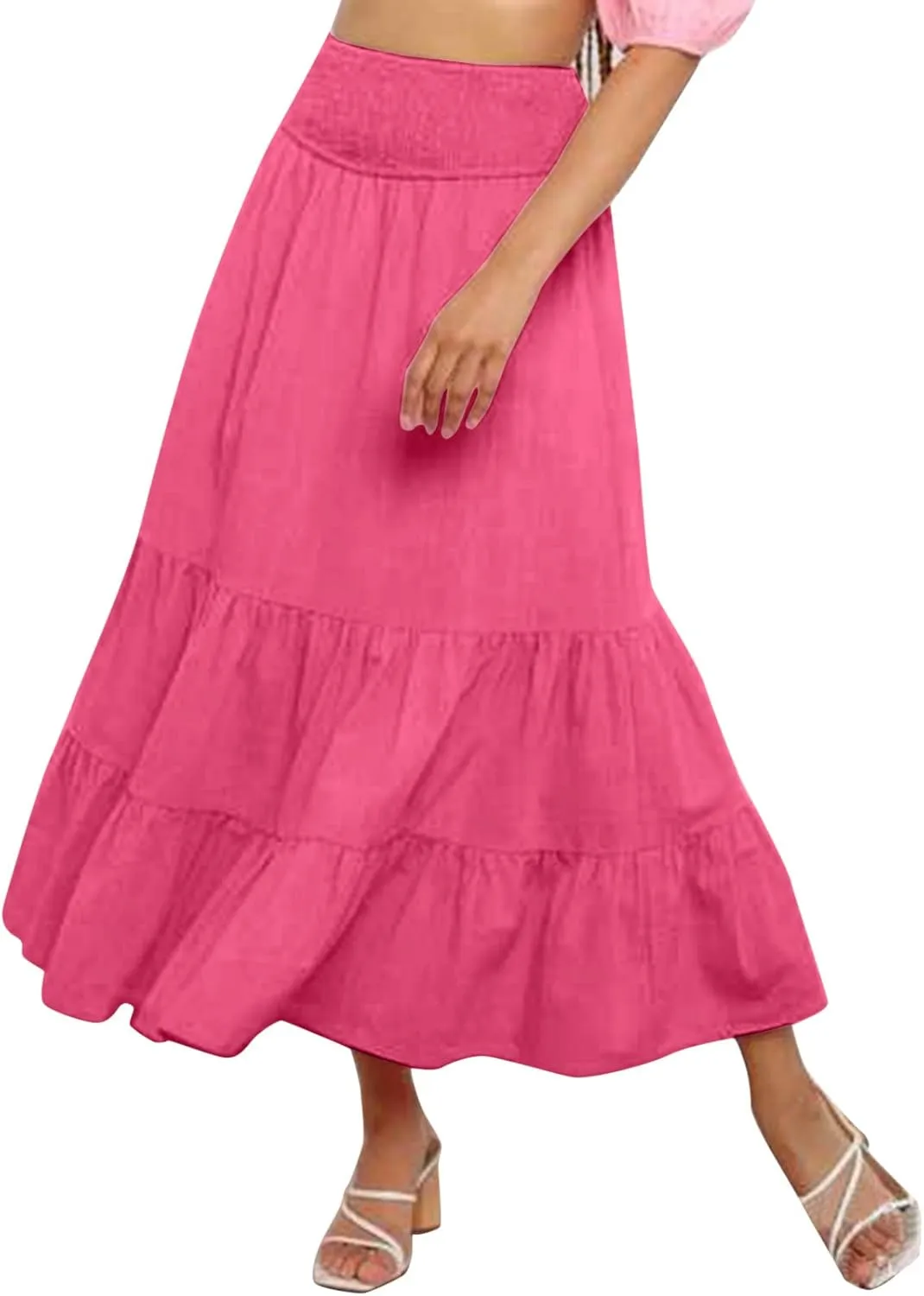 Womens Skirts Pleated A-Line Swing Skirt Vintage Irregular Midi Skirts Ruffle Layered High Waist Hip Long Skirt
