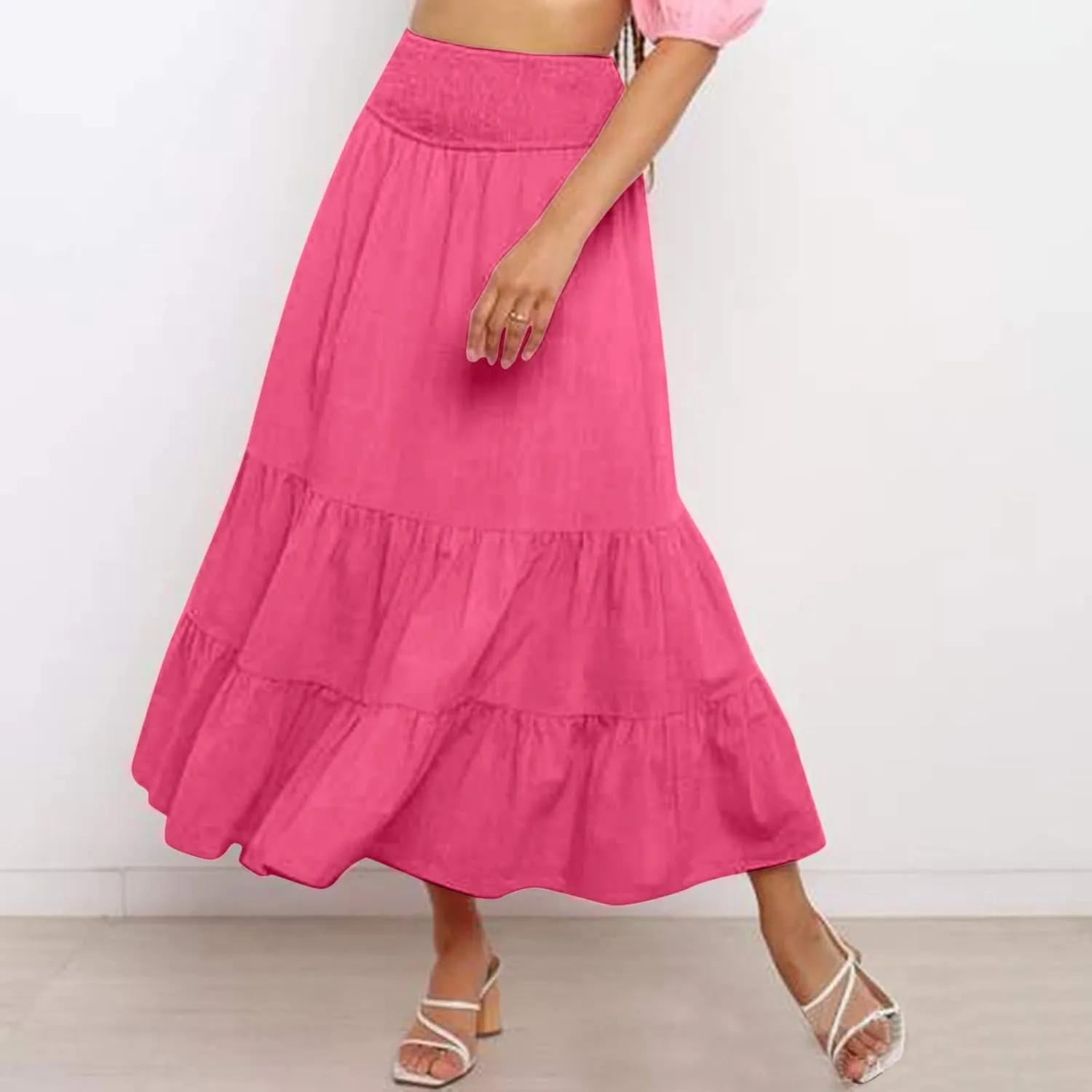 Womens Skirts Pleated A-Line Swing Skirt Vintage Irregular Midi Skirts Ruffle Layered High Waist Hip Long Skirt