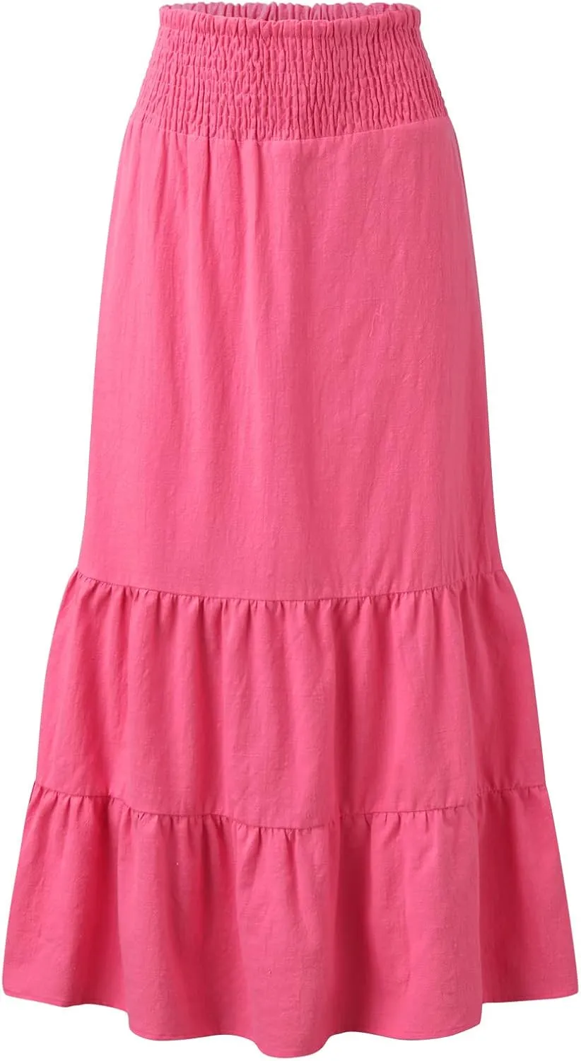 Womens Skirts Pleated A-Line Swing Skirt Vintage Irregular Midi Skirts Ruffle Layered High Waist Hip Long Skirt