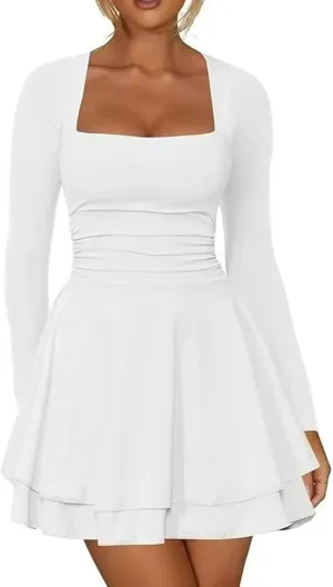 Women's Square Neck Ruffle Hem Mini Dress Long Sleeve Ruched Waist Corset Short Party Dresses Cocktail Short Dress