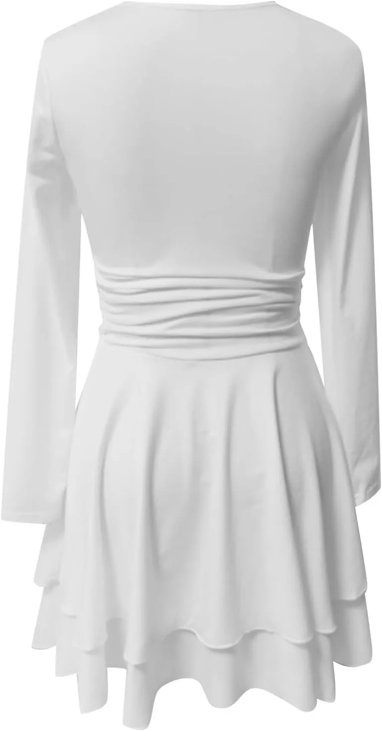 Women's Square Neck Ruffle Hem Mini Dress Long Sleeve Ruched Waist Corset Short Party Dresses Cocktail Short Dress