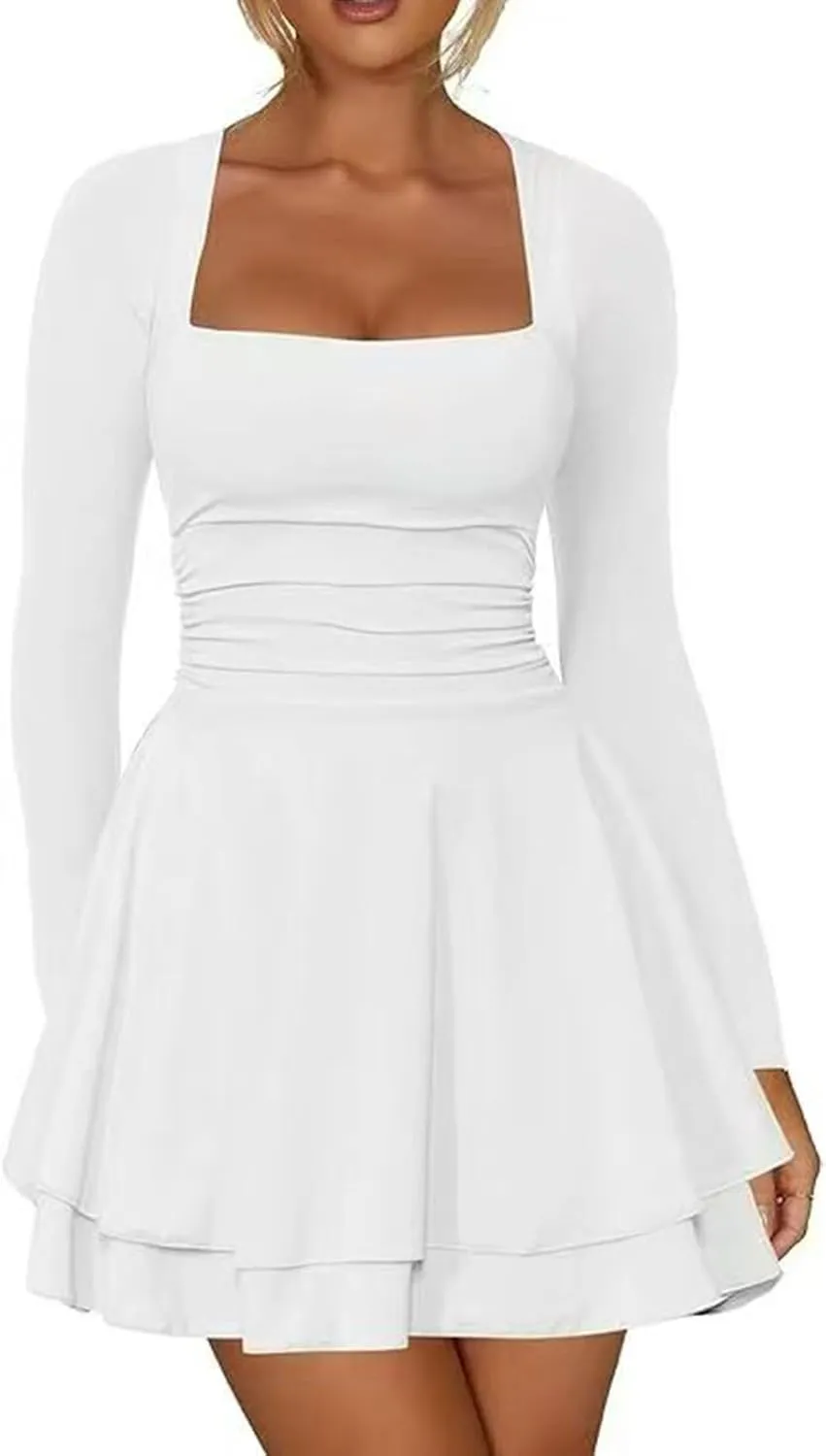 Women's Square Neck Ruffle Hem Mini Dress Long Sleeve Ruched Waist Corset Short Party Dresses Cocktail Short Dress