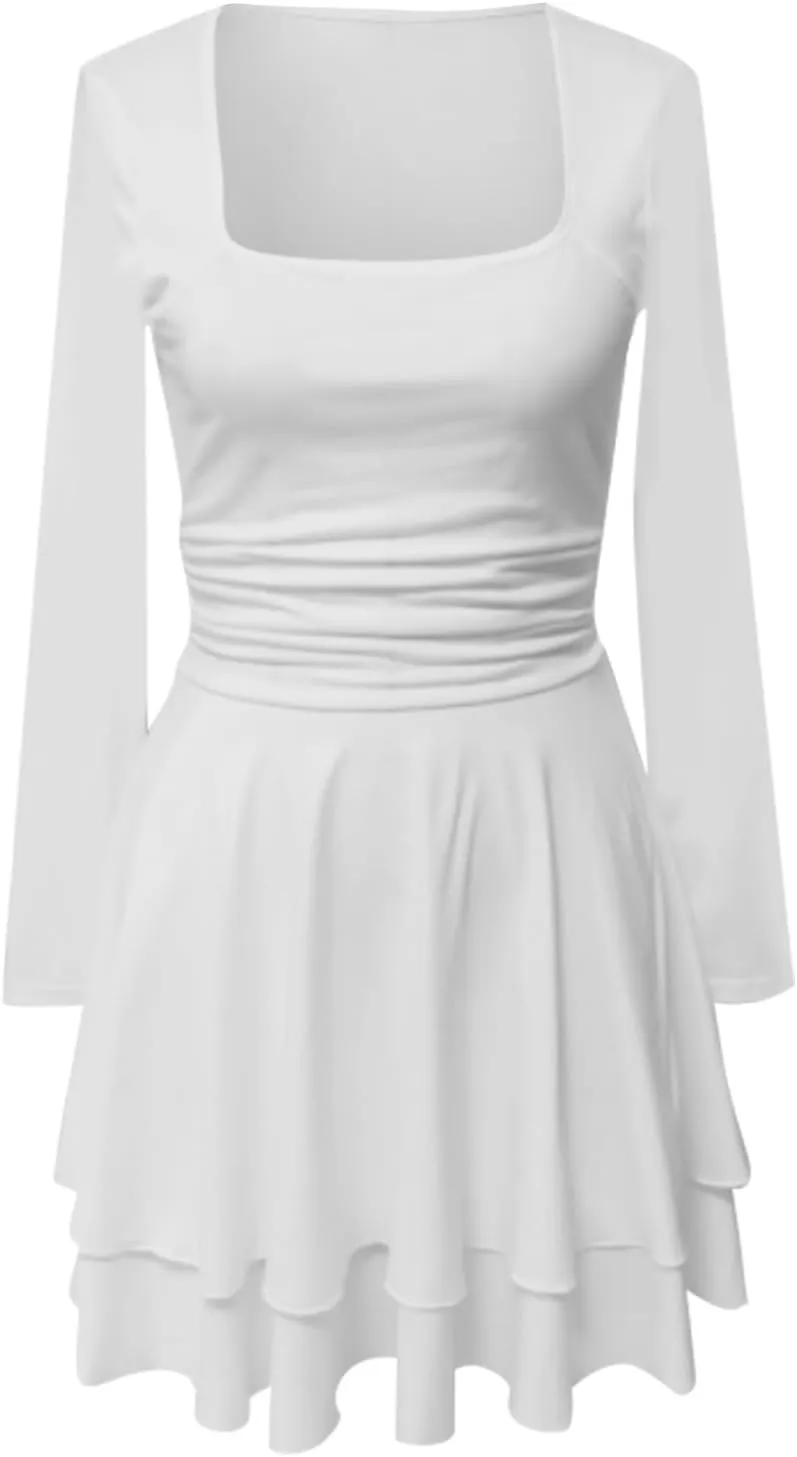 Women's Square Neck Ruffle Hem Mini Dress Long Sleeve Ruched Waist Corset Short Party Dresses Cocktail Short Dress