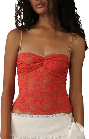 Women's Summer Camisoles Tops Lace Floral Spaghetti Straps Slim Fit Knit Going Out Streetwear