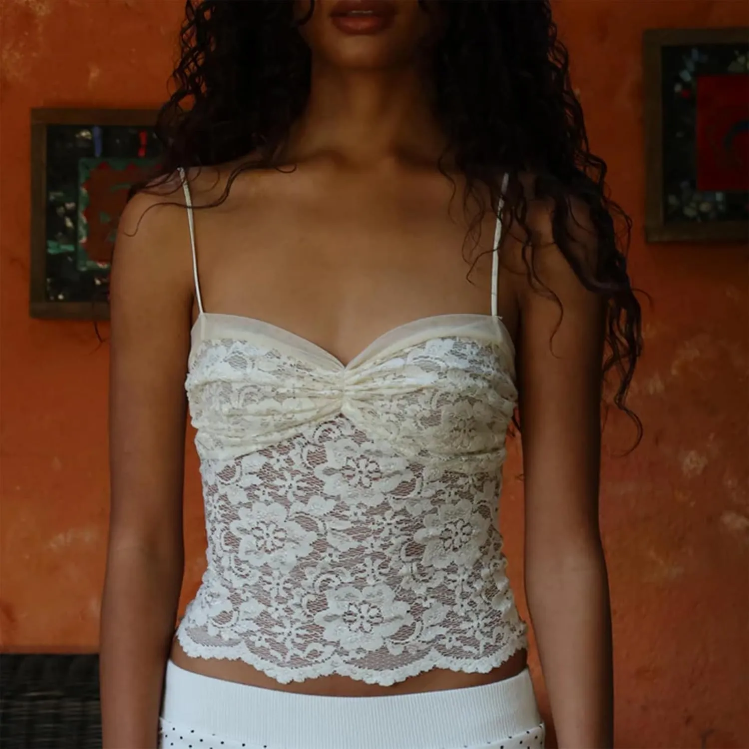 Women's Summer Camisoles Tops Lace Floral Spaghetti Straps Slim Fit Knit Going Out Streetwear