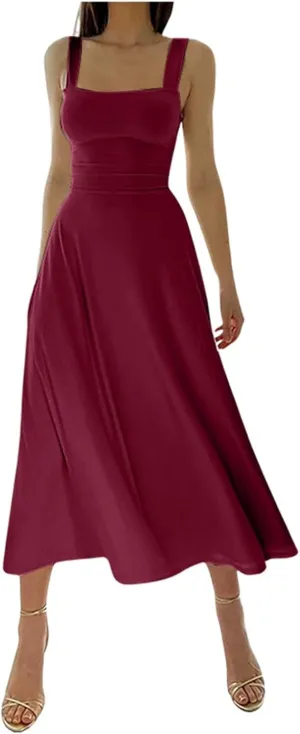 Womens Summer Casual Sleeveless Midi Dresses Scoop Neck Fit & Flare A-Line Flowy Long Sundress Beach Outfits