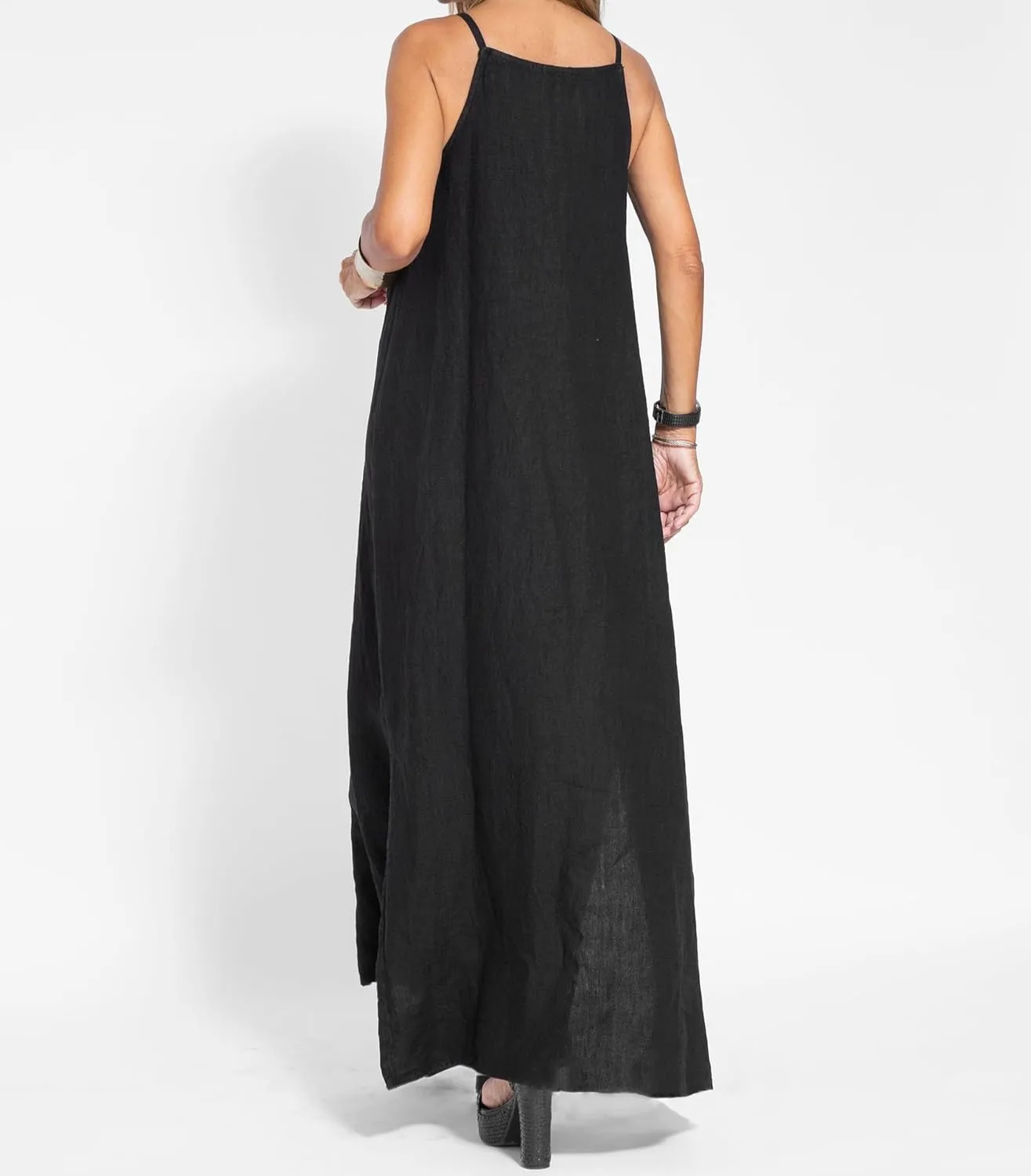 Women's Summer Cotton Linen Sleeveless Spaghetti Strap Maxi Dress Casual Loose Beach Vcation Slit Long Sundress