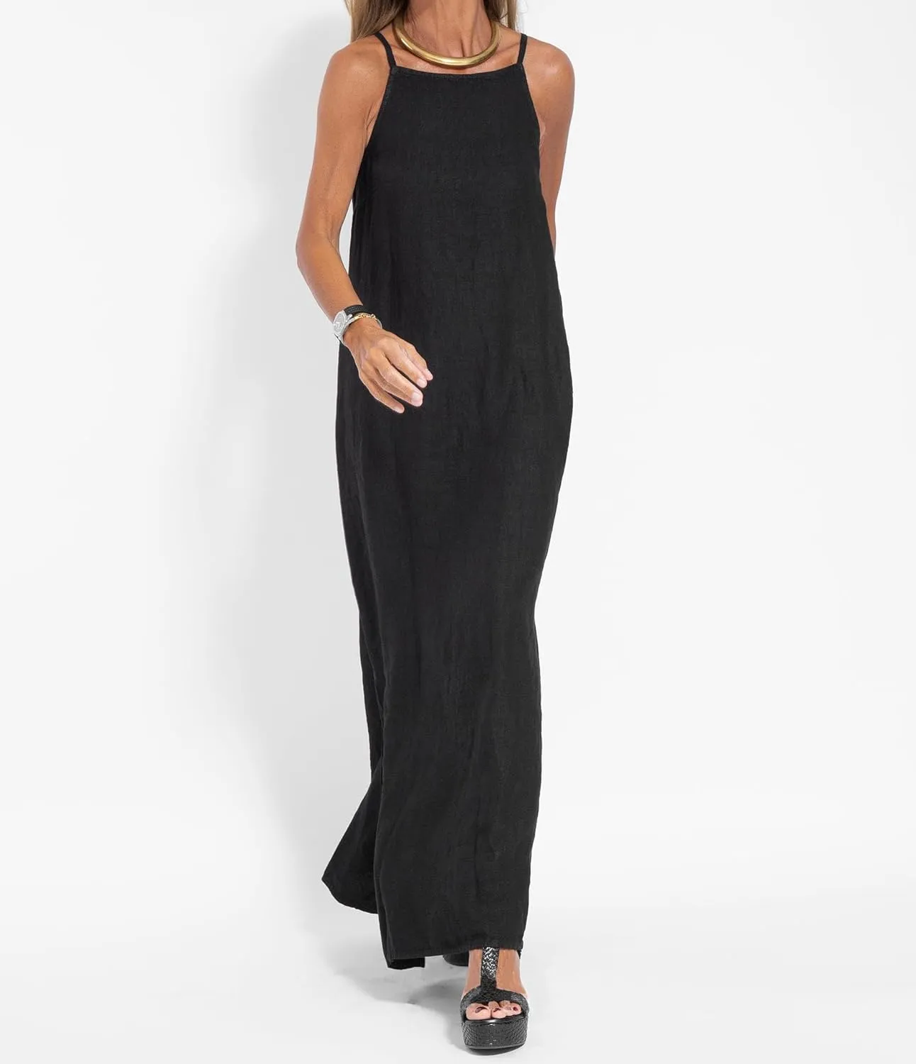 Women's Summer Cotton Linen Sleeveless Spaghetti Strap Maxi Dress Casual Loose Beach Vcation Slit Long Sundress