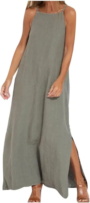 Women's Summer Cotton Linen Sleeveless Spaghetti Strap Maxi Dress Casual Loose Beach Vcation Slit Long Sundress
