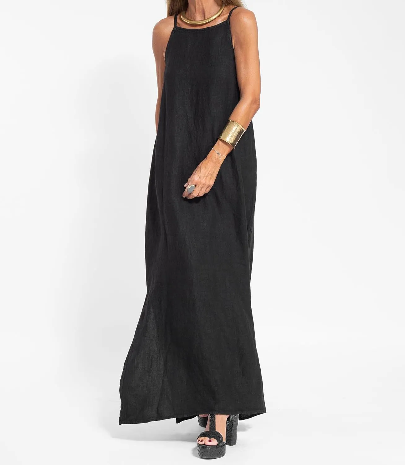 Women's Summer Cotton Linen Sleeveless Spaghetti Strap Maxi Dress Casual Loose Beach Vcation Slit Long Sundress