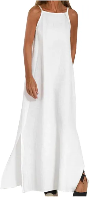 Women's Summer Cotton Linen Sleeveless Spaghetti Strap Maxi Dress Casual Loose Beach Vcation Slit Long Sundress
