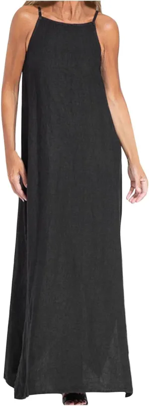 Women's Summer Cotton Linen Sleeveless Spaghetti Strap Maxi Dress Casual Loose Beach Vcation Slit Long Sundress