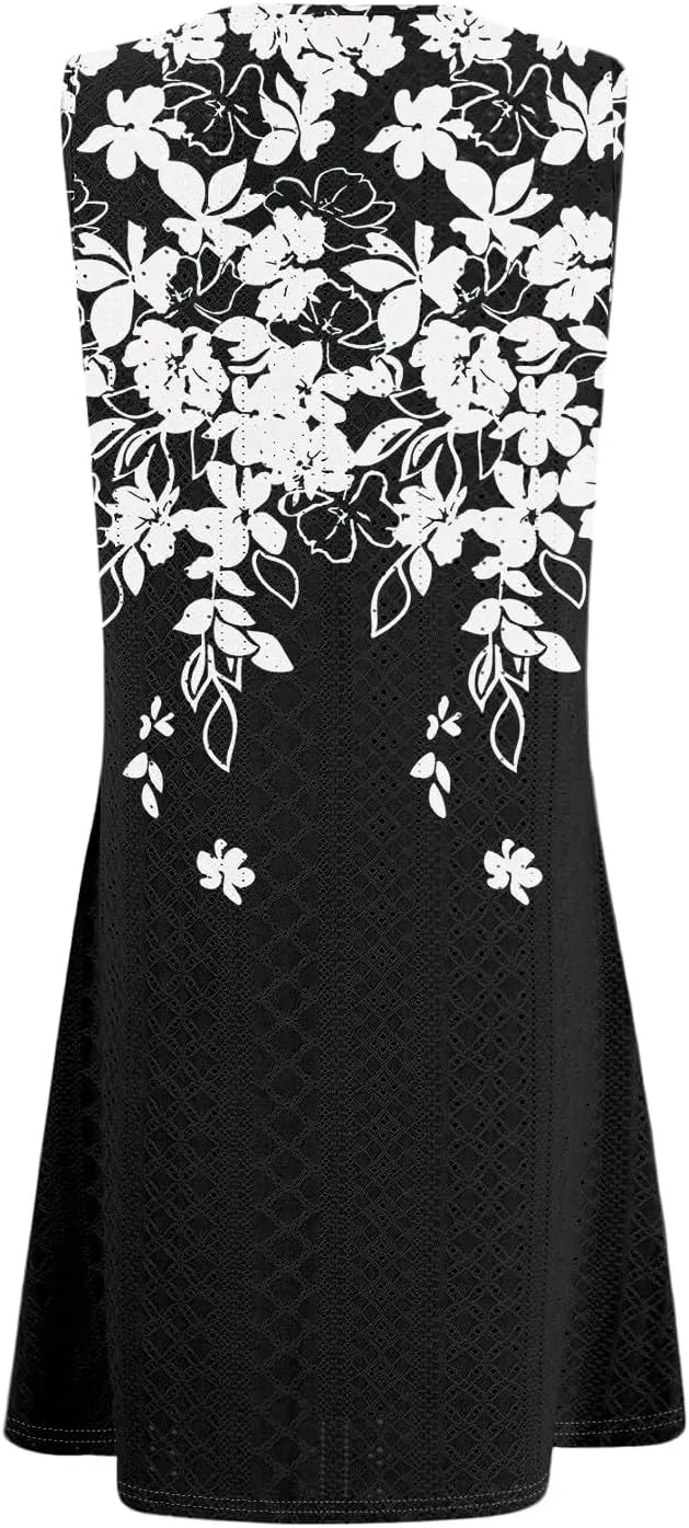 Womens Summer Dresses 2025 Loose Crewneck Sleeveless Tank Dress Casual Eyelet Sundress Swimsuit Coverup with Pockets