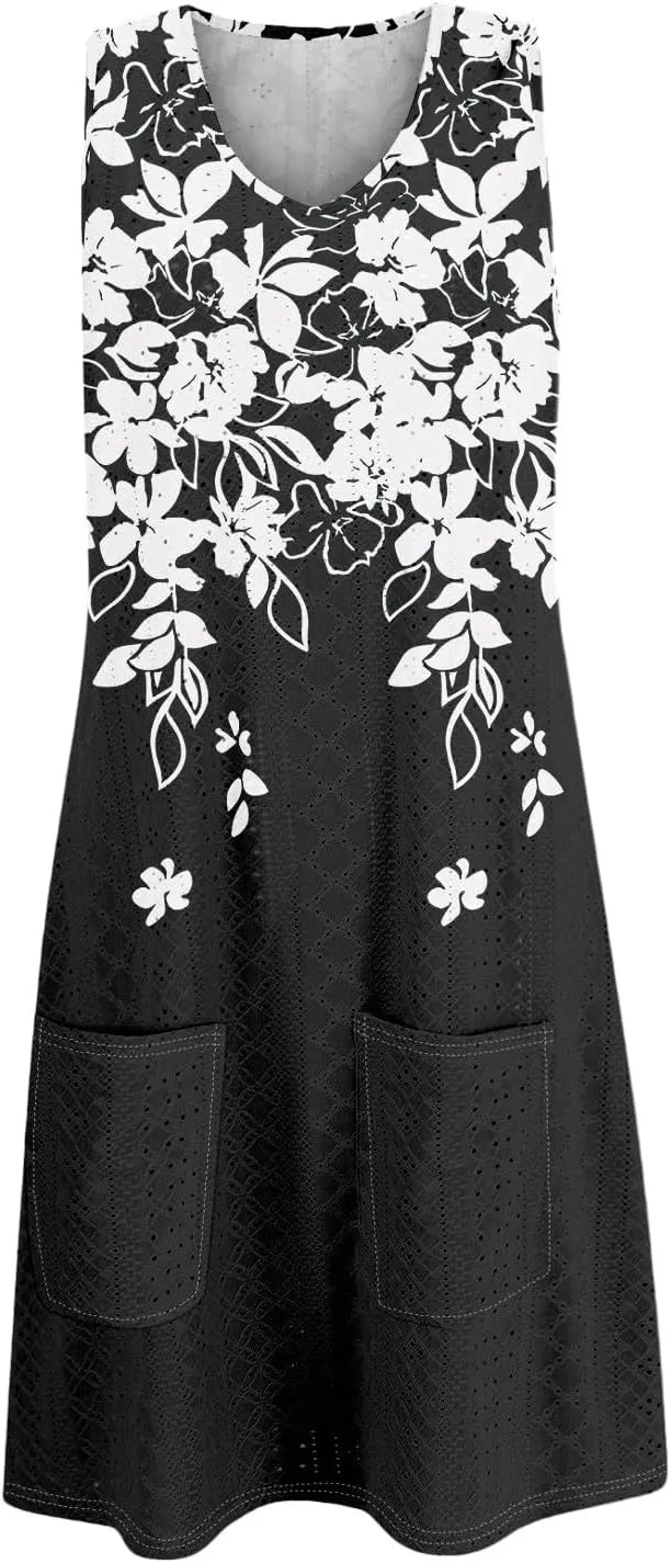 Womens Summer Dresses 2025 Loose Crewneck Sleeveless Tank Dress Casual Eyelet Sundress Swimsuit Coverup with Pockets