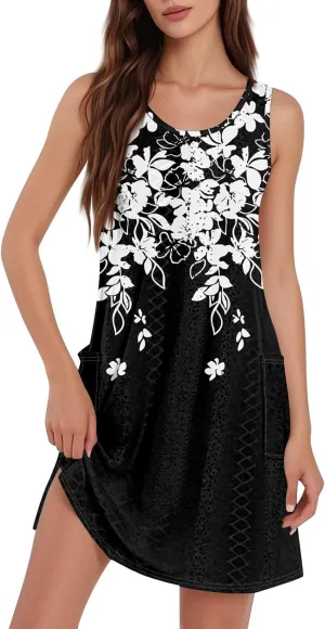 Womens Summer Dresses 2025 Loose Crewneck Sleeveless Tank Dress Casual Eyelet Sundress Swimsuit Coverup with Pockets