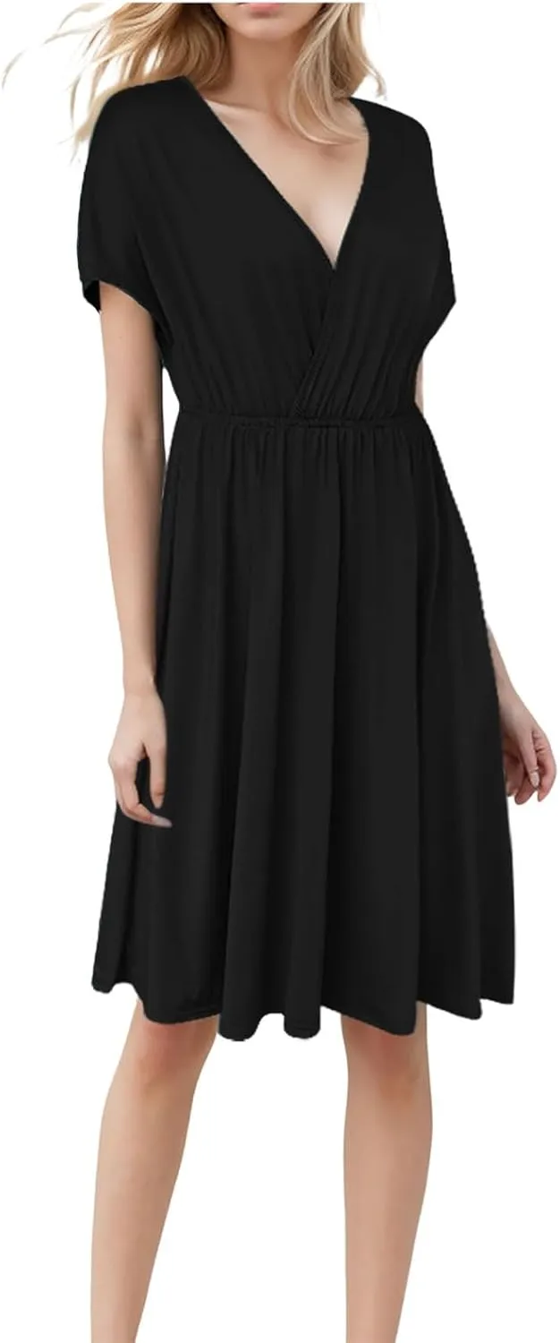 Womens Summer Dresses 2025 Wrap V Neck Short Flared Sleeve Dress Smocked Elastic Waist Tiered Ruffle Mini Dresses