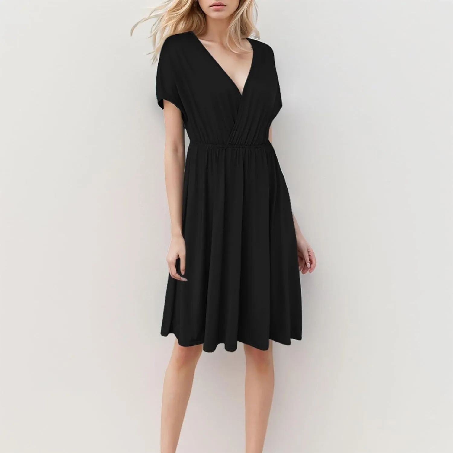Womens Summer Dresses 2025 Wrap V Neck Short Flared Sleeve Dress Smocked Elastic Waist Tiered Ruffle Mini Dresses