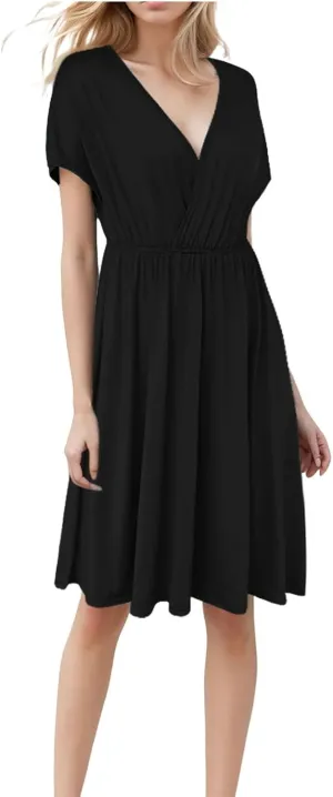 Womens Summer Dresses 2025 Wrap V Neck Short Flared Sleeve Dress Smocked Elastic Waist Tiered Ruffle Mini Dresses