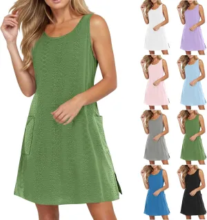 Womens Summer Eyelet Dresses 2025 Swimsuit Coverup with Pockets Casual Beach Vacation Sundresses Sleeveless Tank Dress