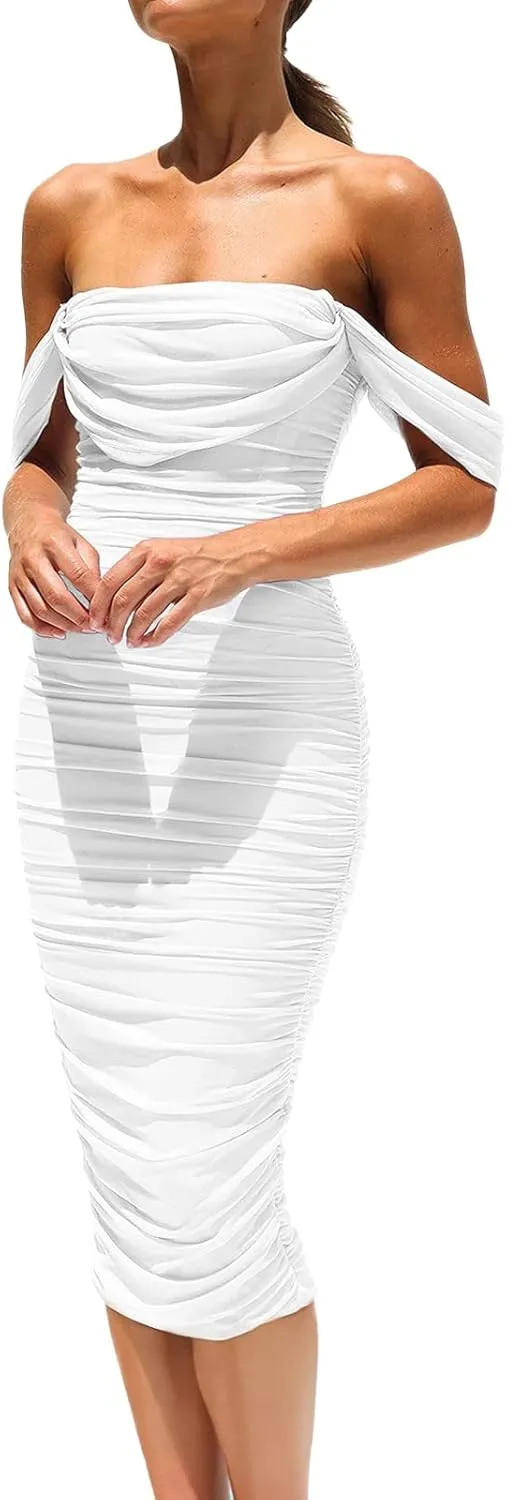 Women's Summer Midi Bodycon Cute Print Dresses Mini Dress Ruffle Hem Basic Dresses Wedding Long Dresses White