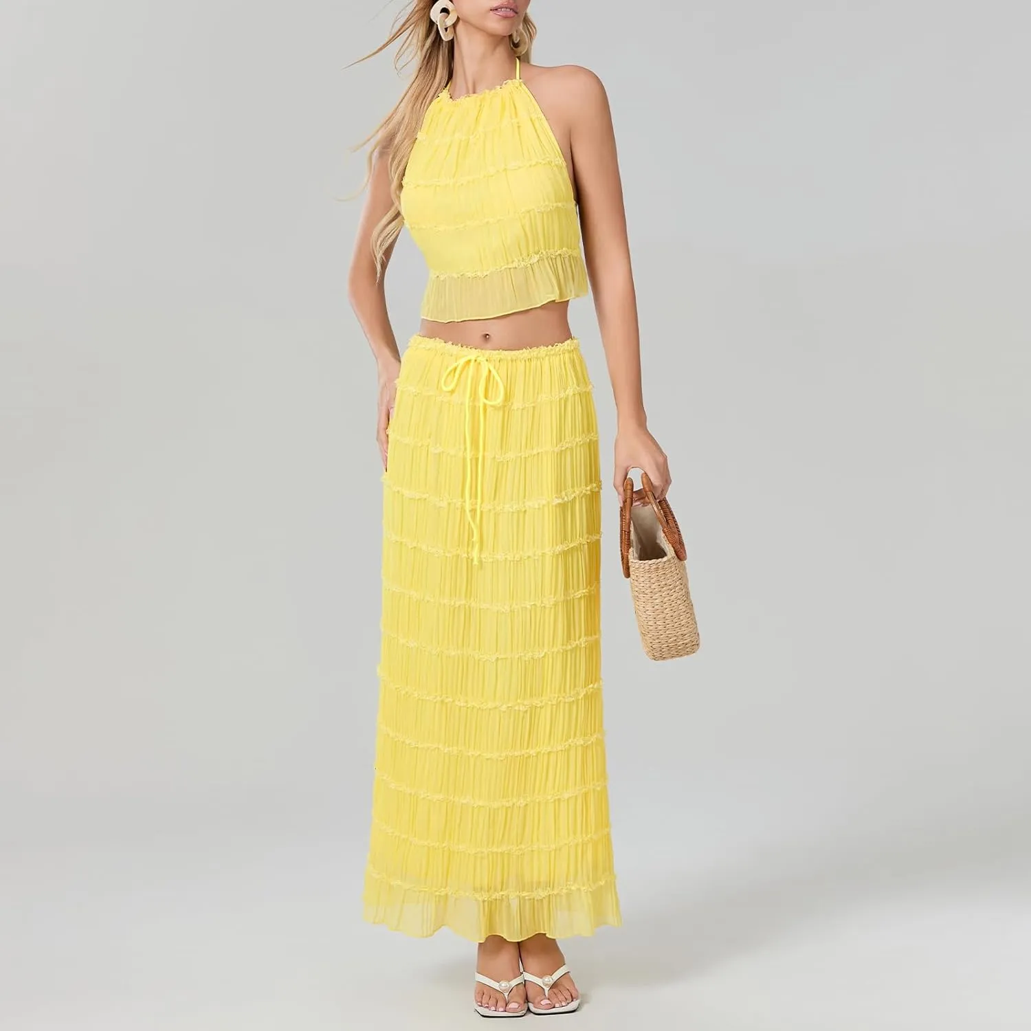 Womens Summer Outfits 2 Piece Beachwear Sexy Backless Ruched Halter Crop Top Matching Pleated Maxi Skirt Sets