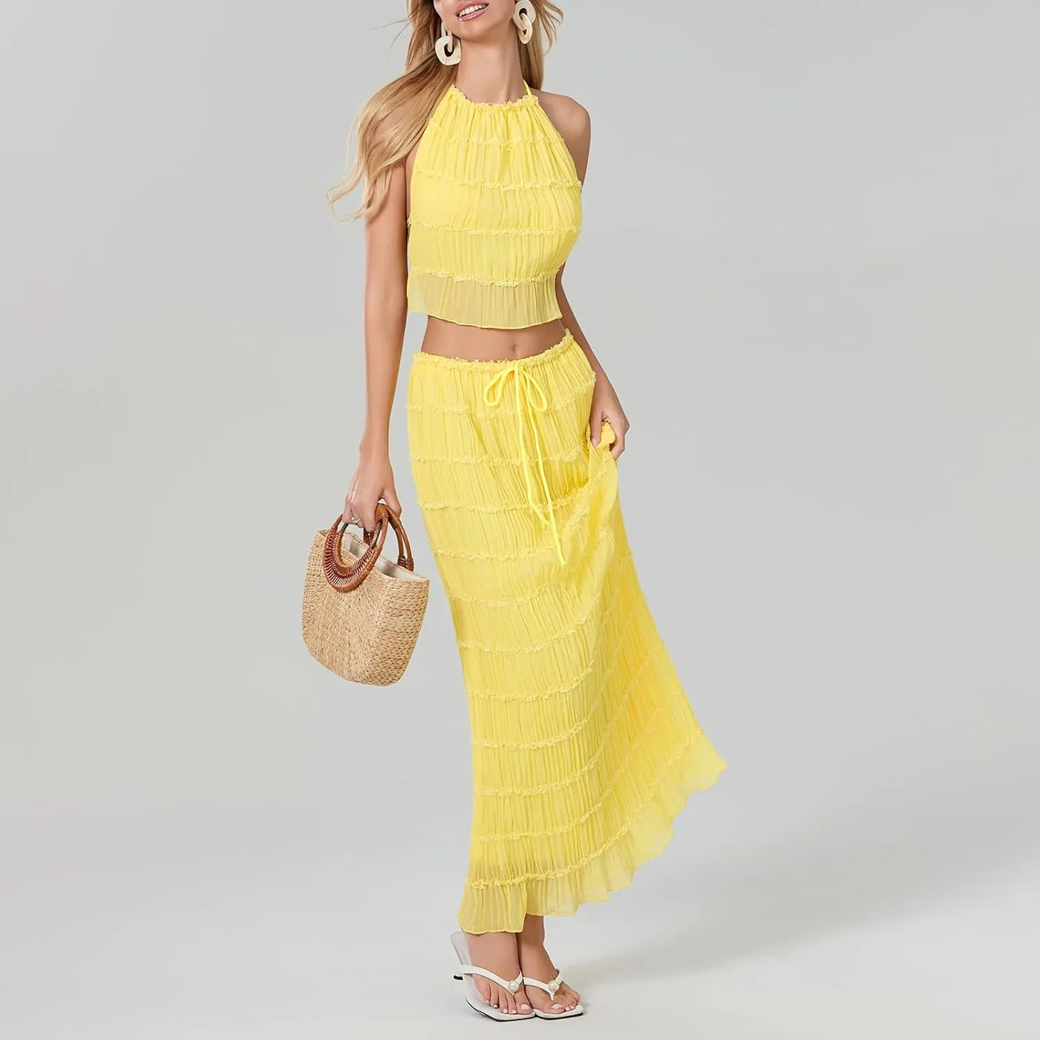 Womens Summer Outfits 2 Piece Beachwear Sexy Backless Ruched Halter Crop Top Matching Pleated Maxi Skirt Sets