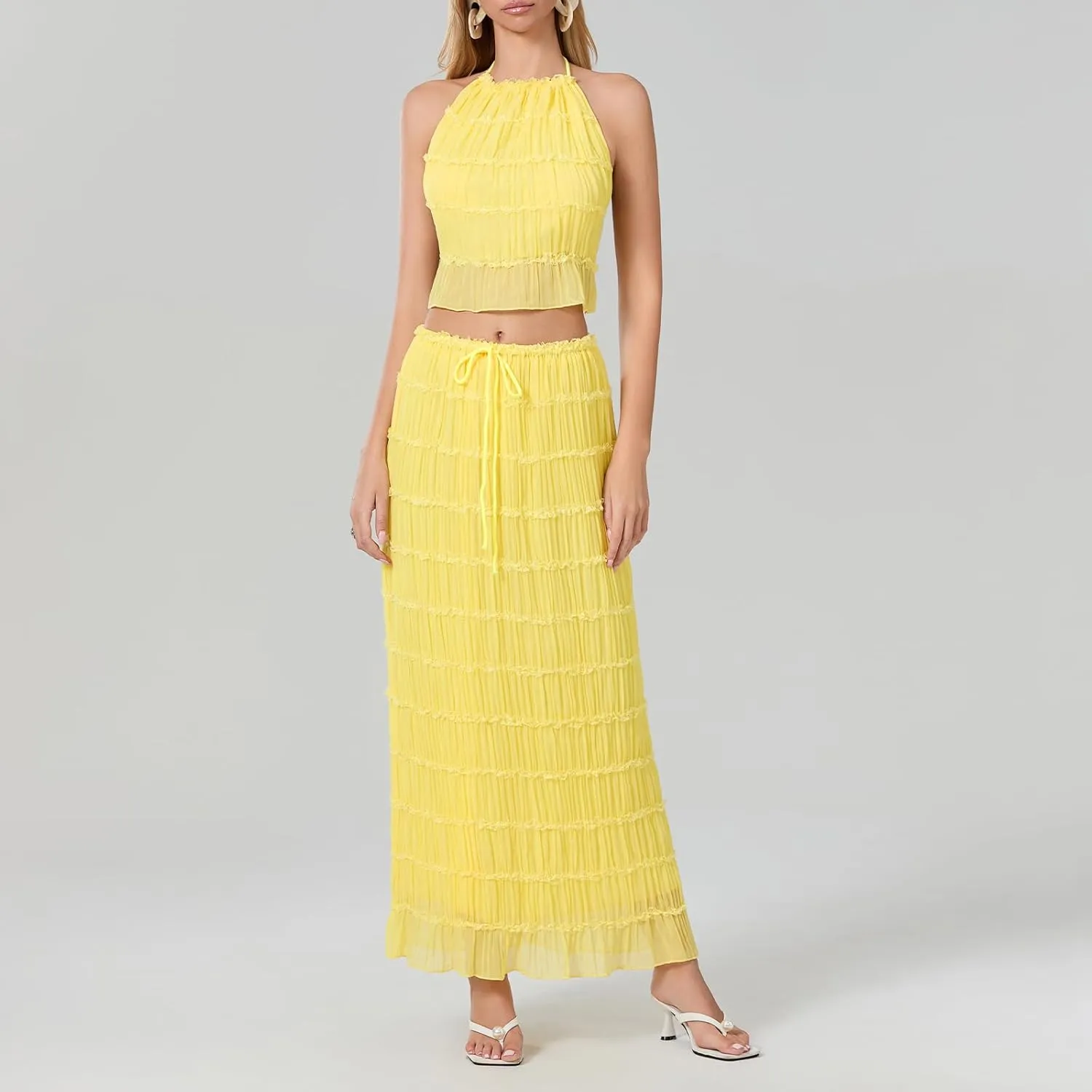 Womens Summer Outfits 2 Piece Beachwear Sexy Backless Ruched Halter Crop Top Matching Pleated Maxi Skirt Sets