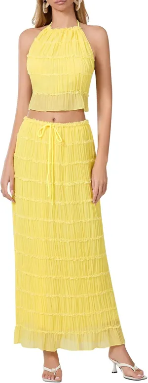 Womens Summer Outfits 2 Piece Beachwear Sexy Backless Ruched Halter Crop Top Matching Pleated Maxi Skirt Sets