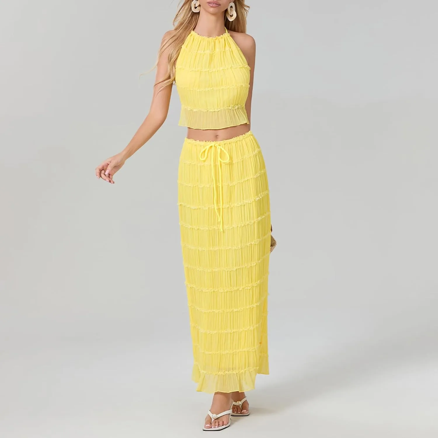 Womens Summer Outfits 2 Piece Beachwear Sexy Backless Ruched Halter Crop Top Matching Pleated Maxi Skirt Sets