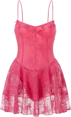 Women's Summer Sexy Mini Cami Dresses Sleeveless Backless Lace Floral Tiered Ruffle Hem Party Short Dress