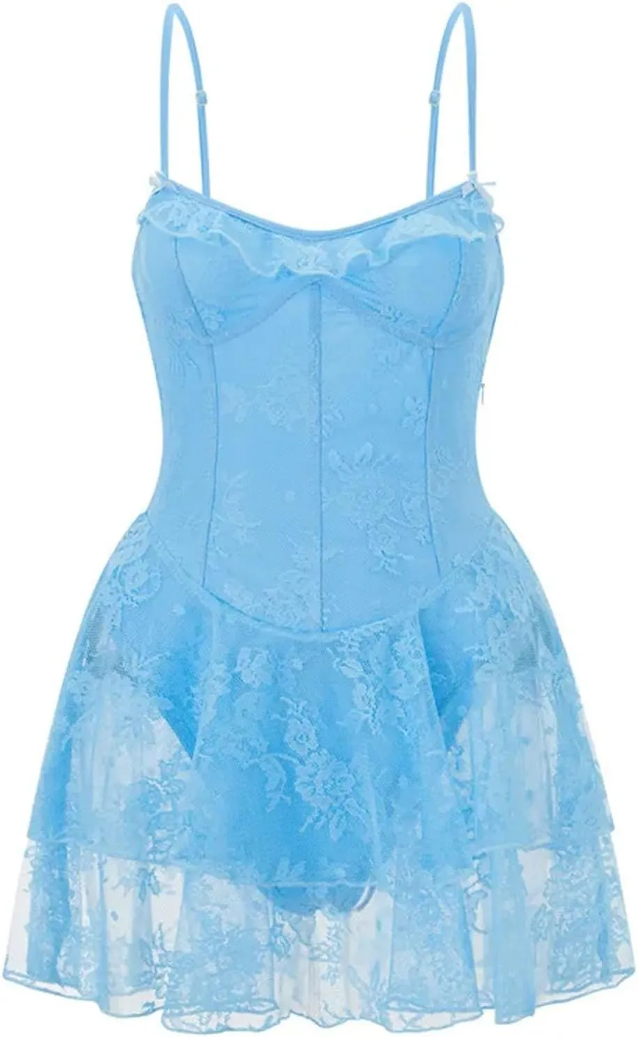 Women's Summer Sexy Mini Cami Dresses Sleeveless Backless Lace Floral Tiered Ruffle Hem Party Short Dress