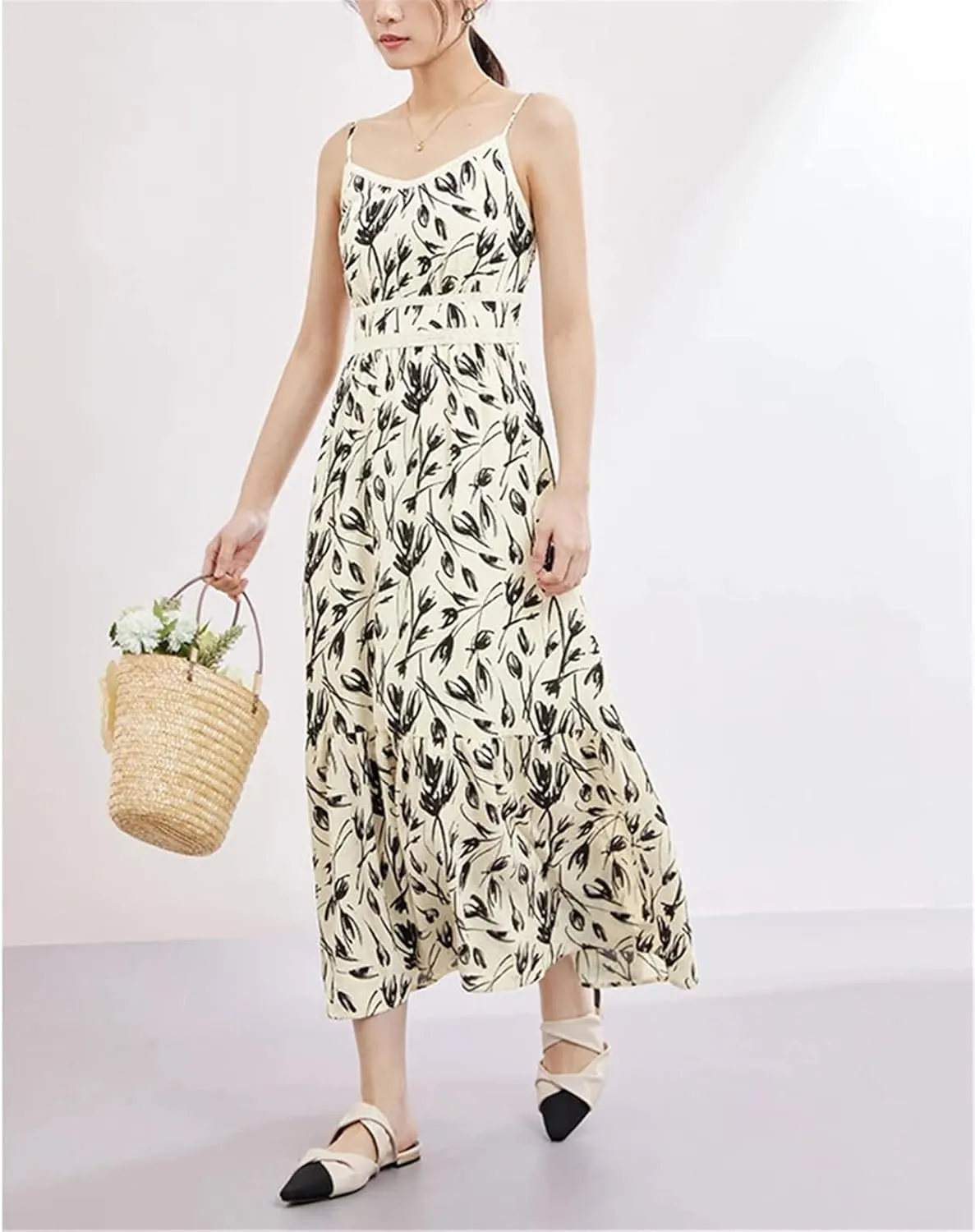 Women's Summer V Neck Floral Prints Maxi Camisole Dress 2025 High Waist Slim Printed Sleeveless Long Dresses