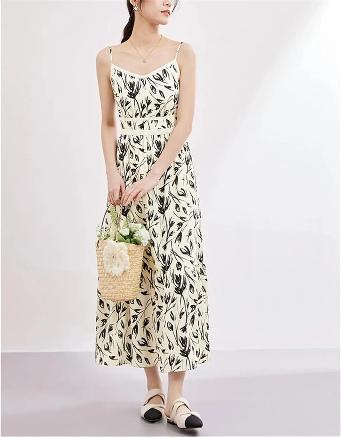 Women's Summer V Neck Floral Prints Maxi Camisole Dress 2025 High Waist Slim Printed Sleeveless Long Dresses