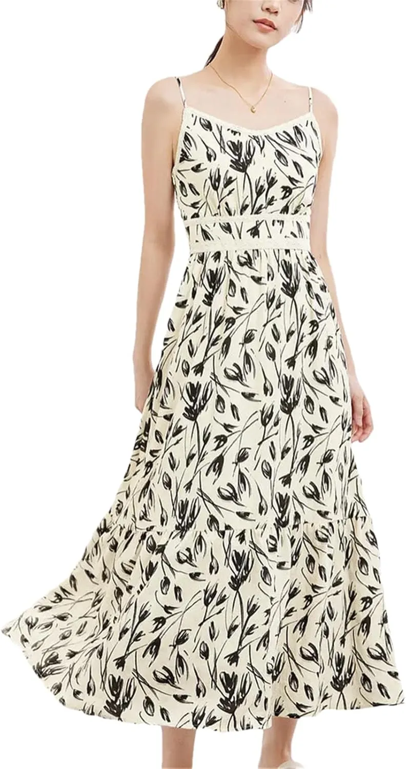 Women's Summer V Neck Floral Prints Maxi Camisole Dress 2025 High Waist Slim Printed Sleeveless Long Dresses