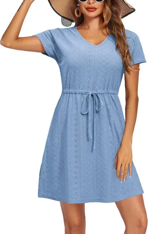 Women's Swimsuit Cover Ups V-Neck Drawstring Slit Eyelet Embroidery Bikini Beachwear Flowy Short Sleeve Beach Dress