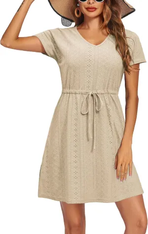 Women's Swimsuit Cover Ups V-Neck Drawstring Slit Eyelet Embroidery Bikini Beachwear Flowy Short Sleeve Beach Dress