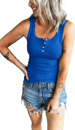 Women's Tank Tops Summer Casual Sleeveless Ribbed Button Down T Shirts Slim Fit Basic Henley Tops