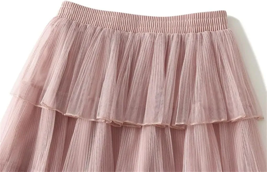 Women's Temperament Casual Solid Color Mesh Skirt Pleated Midi Skirt