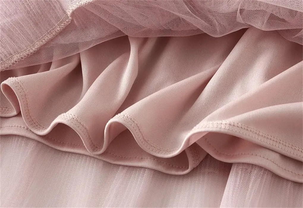 Women's Temperament Casual Solid Color Mesh Skirt Pleated Midi Skirt