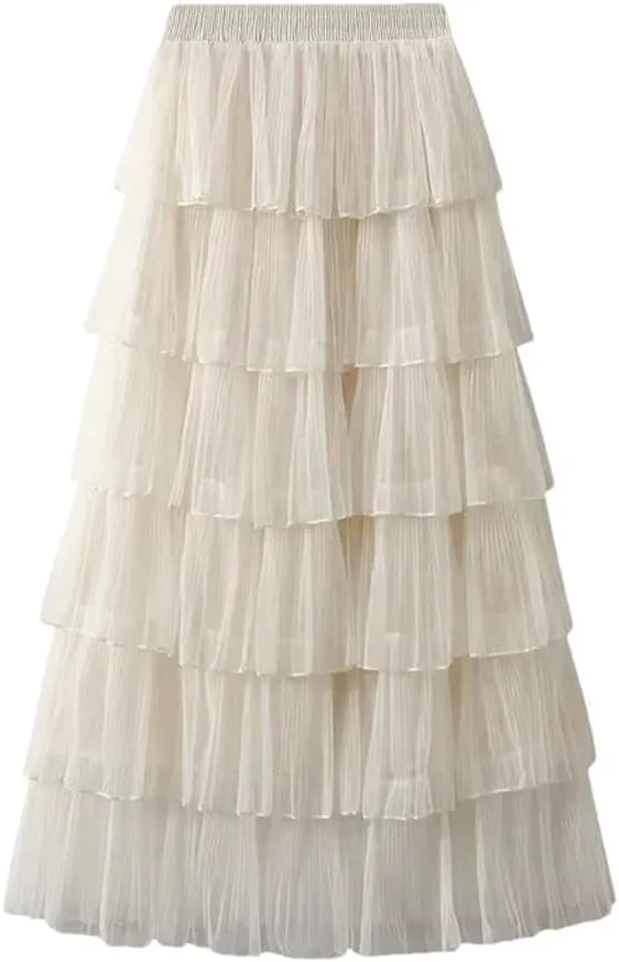 Women's Temperament Casual Solid Color Mesh Skirt Pleated Midi Skirt