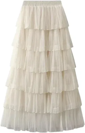 Women's Temperament Casual Solid Color Mesh Skirt Pleated Midi Skirt