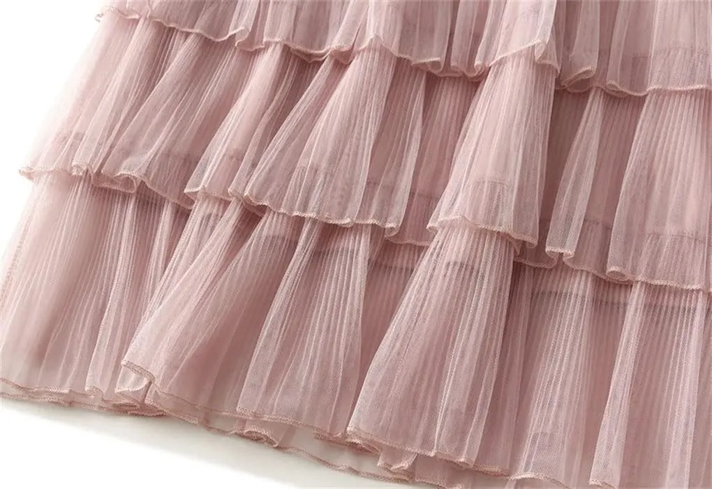 Women's Temperament Casual Solid Color Mesh Skirt Pleated Midi Skirt