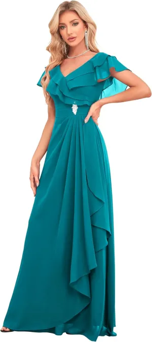 Women's V Neck Bridesmaid Dresses Flutter Sleeves Beaded Chiffon Long Formal Dress with Pockets HS018