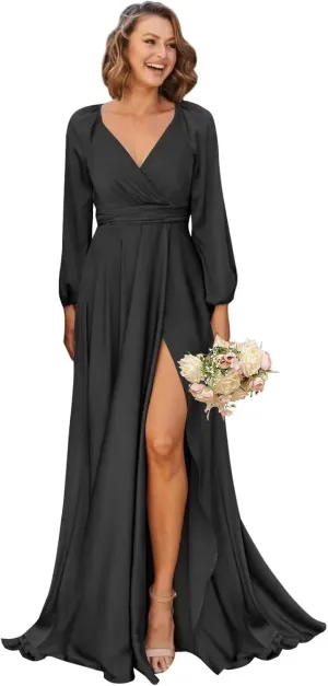 Women's V-Neck Bridesmaid Dresses with Long Sleeves Pleats Chiffon Formal Evening Party Dress with Slit VS022