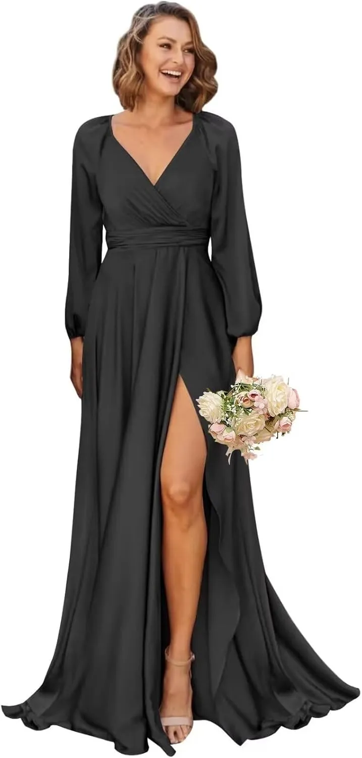 Women's V-Neck Bridesmaid Dresses with Long Sleeves Pleats Chiffon Formal Evening Party Dress with Slit VS022