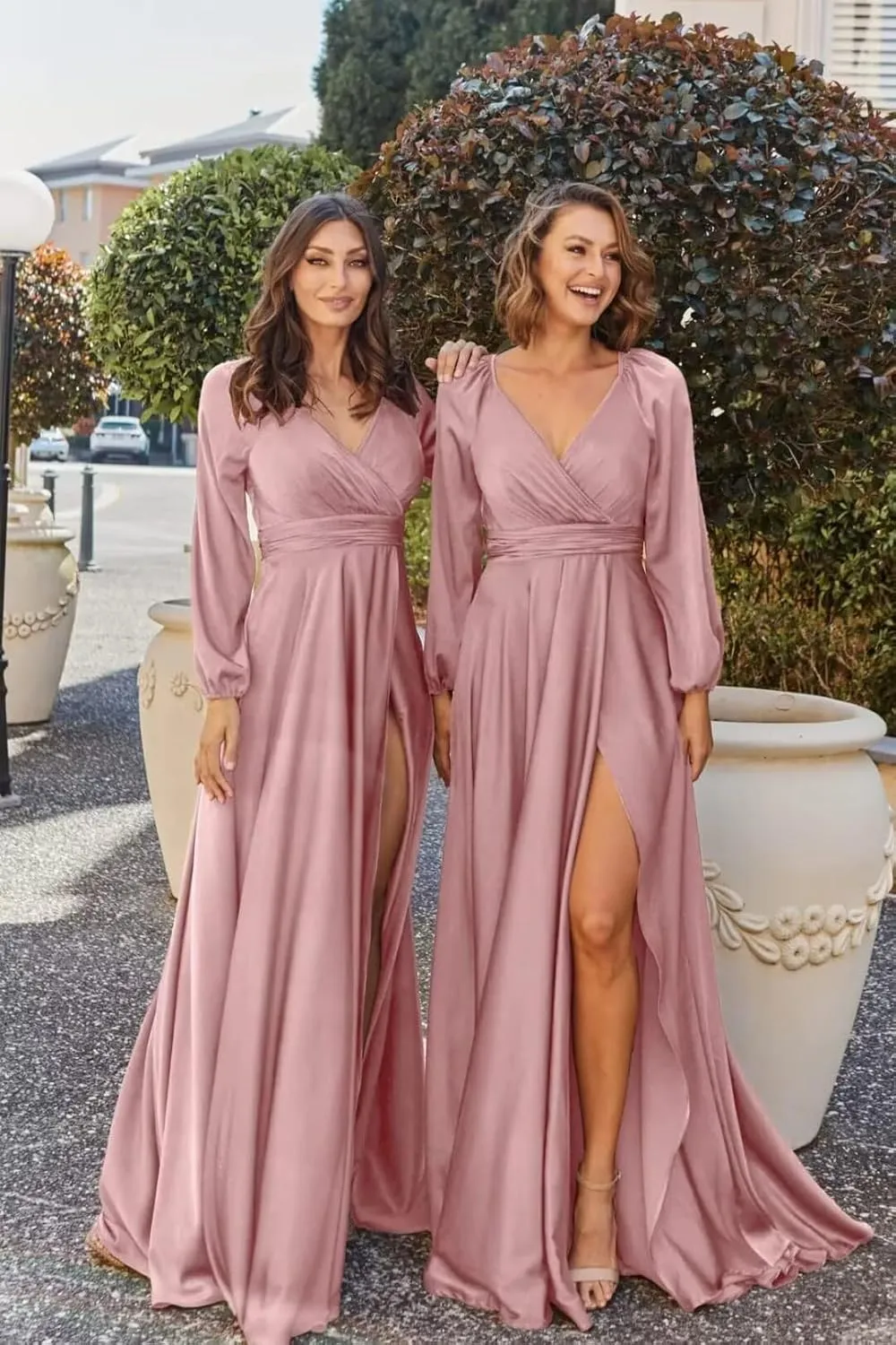 Women's V-Neck Bridesmaid Dresses with Long Sleeves Pleats Chiffon Formal Evening Party Dress with Slit VS022