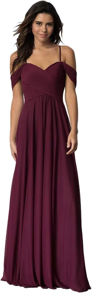 Women's V Neck Off The Shoulder Bridesmaid Dresses with Pockets Ruched Chiffon Long Slit Formal Evening Gown