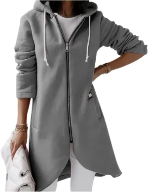 Womens Zip Up Hoodie Trendy Drawstring Oversized Long Hooded Sweatshirts Cute Tunic Irregular Hem Jackets Loose Coats