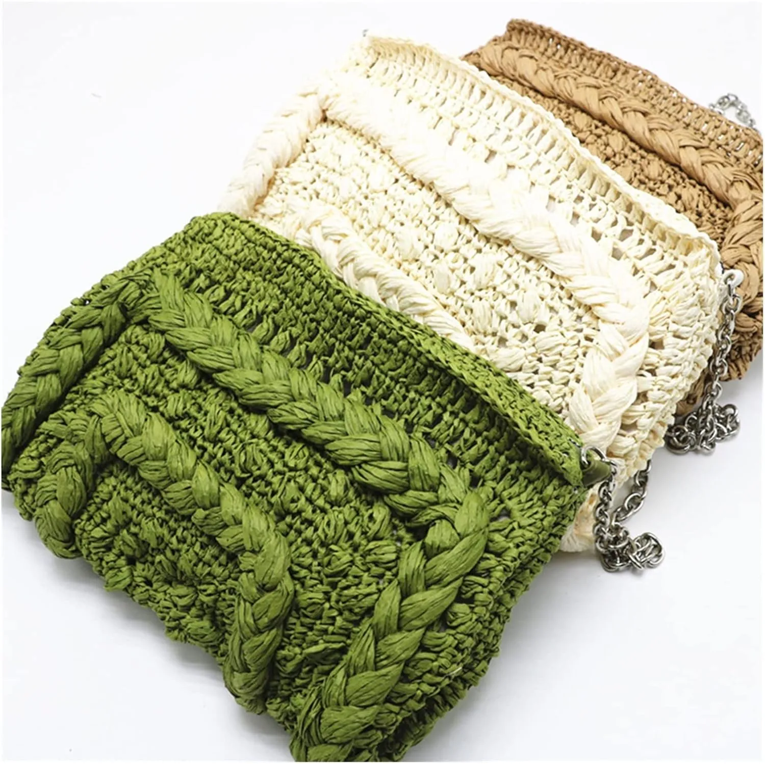 Woven Straw Bag Women Shoulder Bag Chain Knitting Sling Crossbody Bags For Women Handbag Beach Bags(Green)