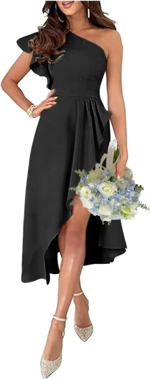 WWomen's One Shoulder Chiffon Bridesmaid Dresses Split Ruffled Hem Prom Gown Tight Ruched Mini Gown LS23